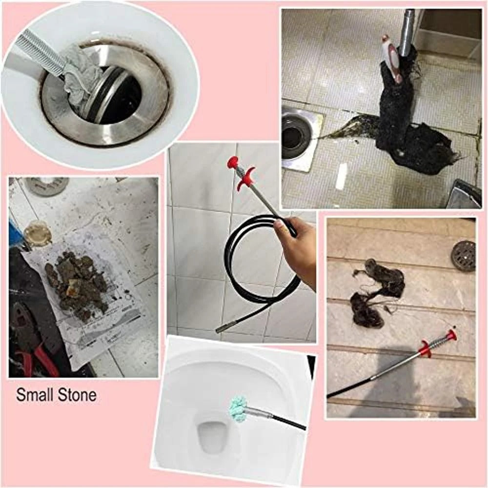 Collage of images showing a drain cleaning process with tools and collected debris.